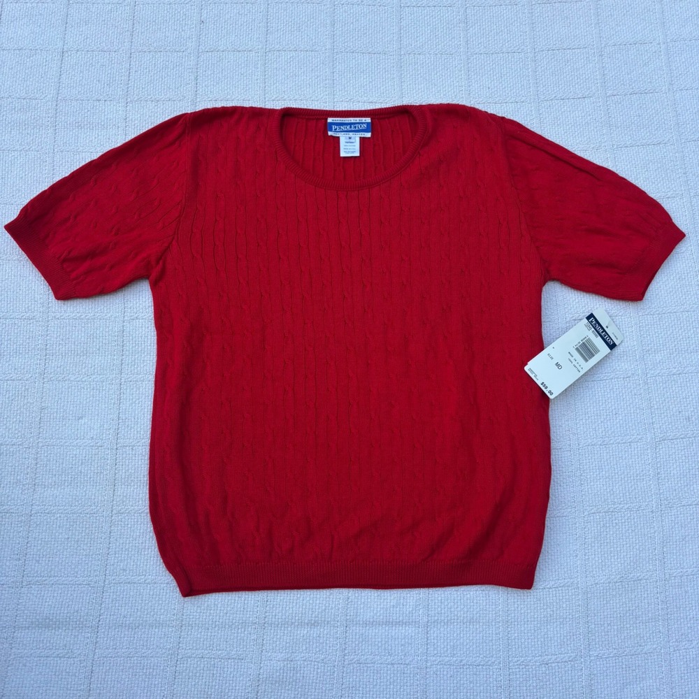 Women's Medium PENDLETON Vintage Cherry Red Cable Knit Short Sleeve Sweater NWT